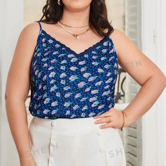 Plus Size Lace & Floral French Style Tank Top Vibrant Blue Green Purple - Picture 4 of 16